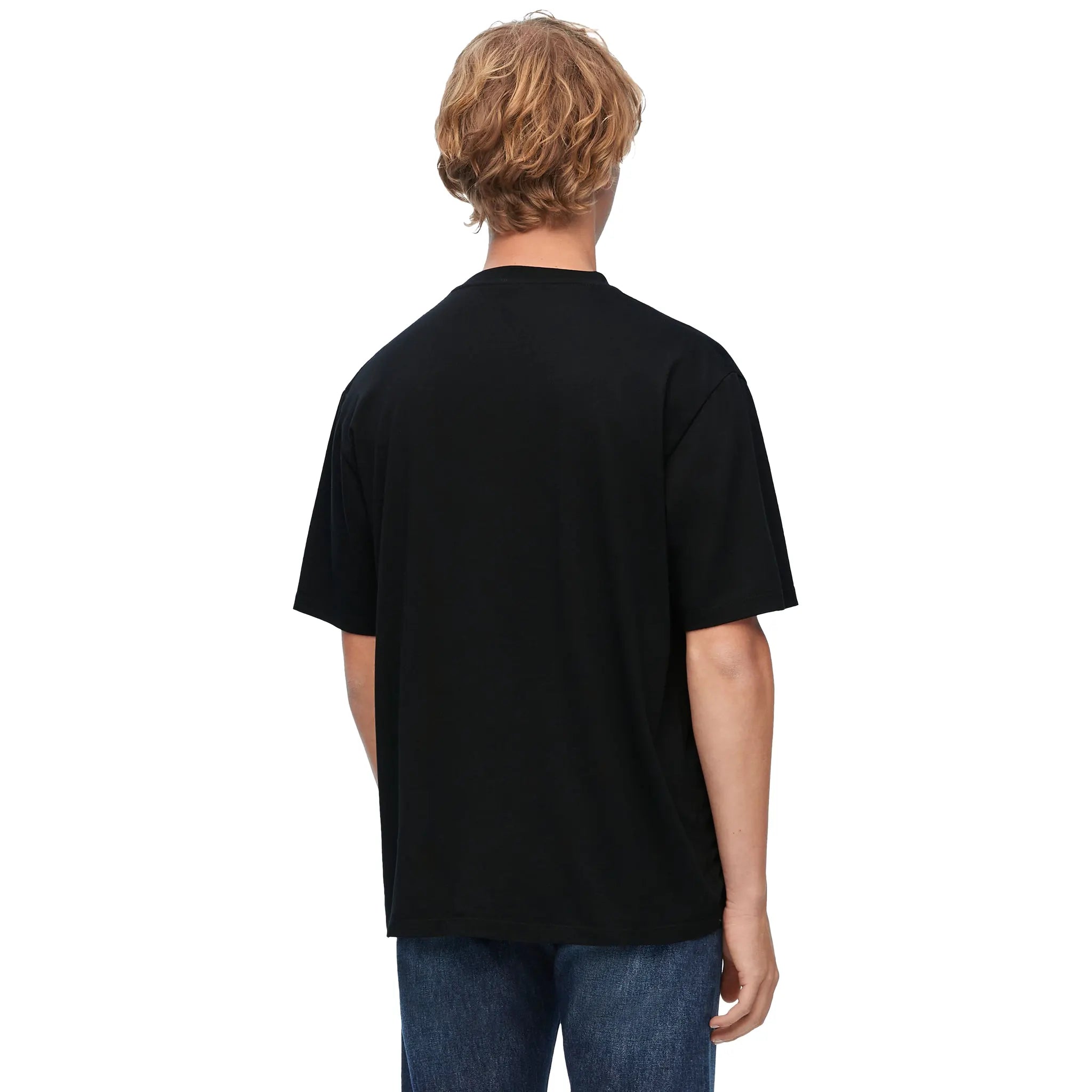Model back view of Loewe Anagram Fake Pocket Black Blue T Shirt H526Y22XAT-1100